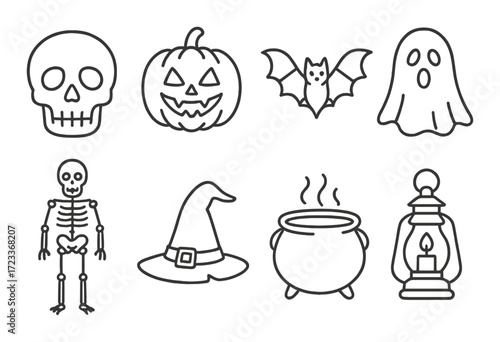 Halloween icons: skull, pumpkin, bat, ghost, skeleton, witch hat, cauldron, lantern
