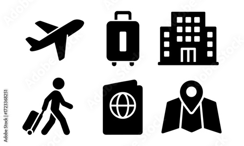 Travel essentials icons set featuring airplane, suitcase, hotel, traveler, passport, and map for creative design