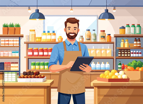 An illustration of a male character standing inside a store, surrounded by neatly arranged shelves filled with various products