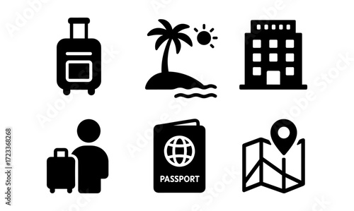 Minimalist travel essentials icons set for vacation planning and tourism design projects