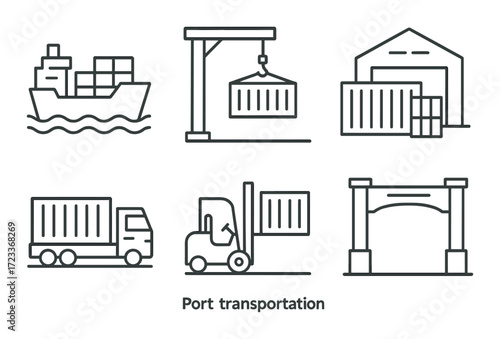 Port transportation icons: ship, crane, warehouse, truck, forklift, container