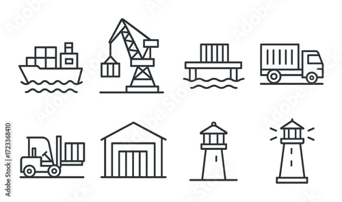 Maritime and logistics icon set featuring ship, crane, truck, warehouse, lighthouse