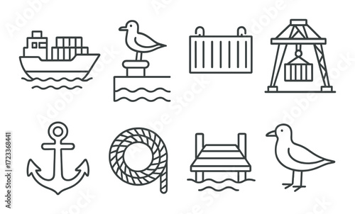 Nautical icon set: ship, seagull, anchor, rope, dock, crane, container