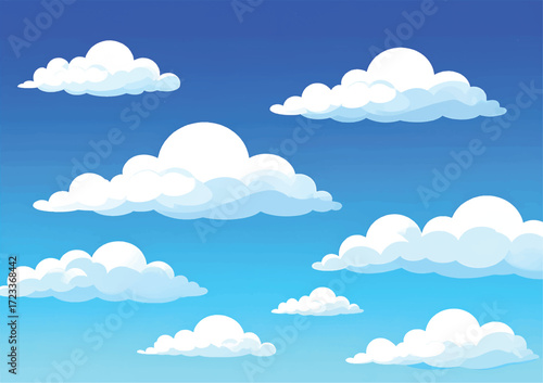 A bright, clear blue sky stretching endlessly, soft gradients from light azure near the horizon to deep cobalt above, with subtle white fluffy clouds drifting gently across the scene, evoking calmness