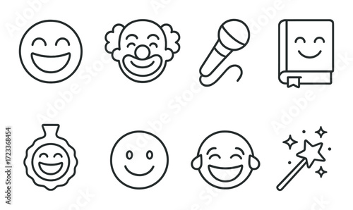 Collection of smiley faces, microphone, book, and magic wand icons on gradient background