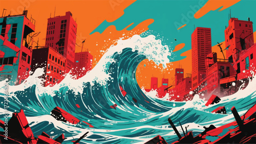 Huge Waves Hit the City Illustrator Artwork Banner Background Design Template 