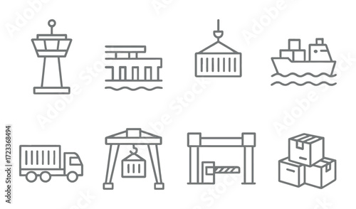 Logistics icons: shipping, warehouse, cargo transport, truck, container, boxes, crane