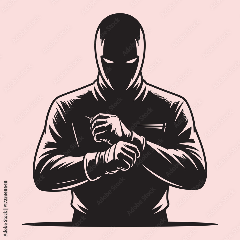 Fototapeta premium Black silhouette of a person in a hood adjusting their wristband vector