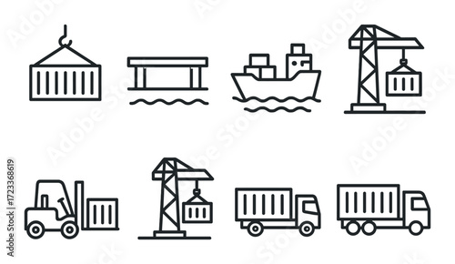 Icon set illustrating shipping and transportation logistics with containers