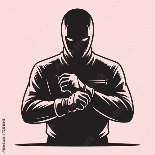 Black silhouette of a person in a hood adjusting their wristband vector