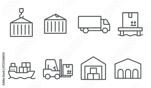 Logistics and shipping icons: container, truck, warehouse, ship, forklift