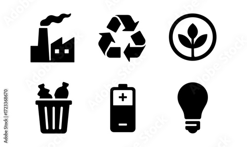 Environmental icons set featuring recycling, green energy, and waste management for eco-friendly design
