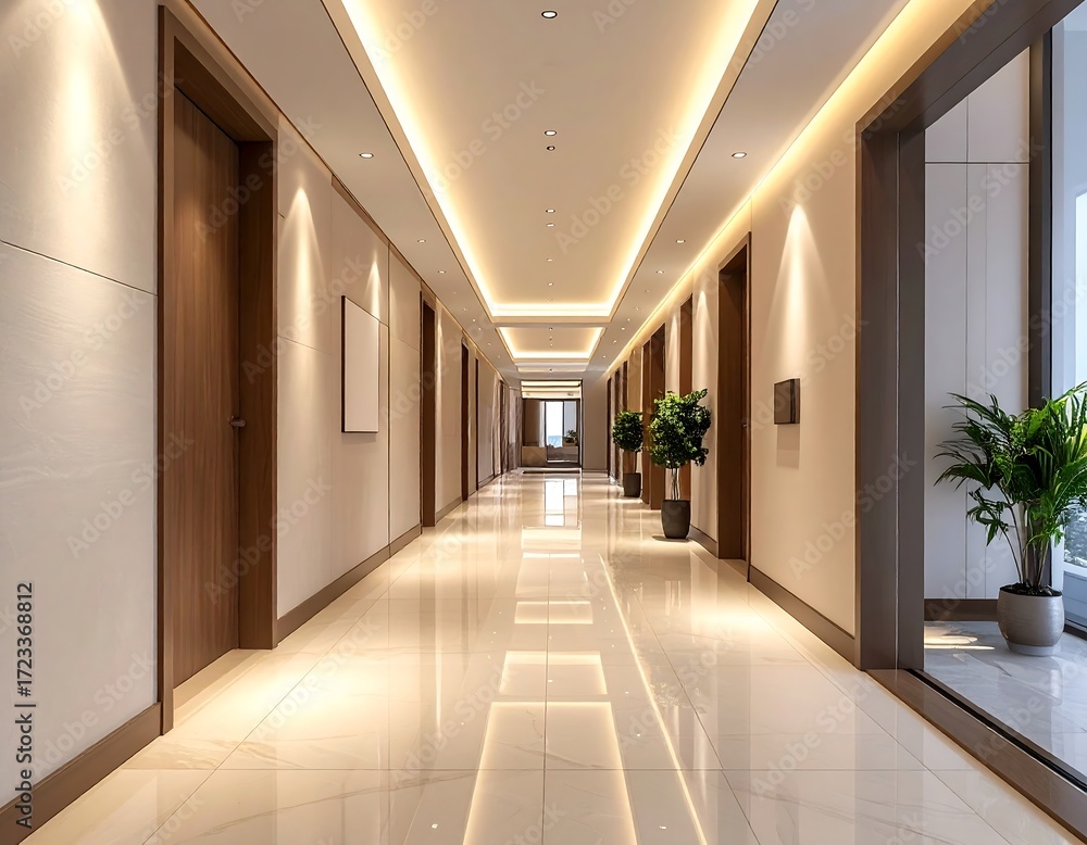 Obraz premium Step into elegance a luxurious modern office corridor with warm lighting and polished floors creating an inviting and professional atmosphere
