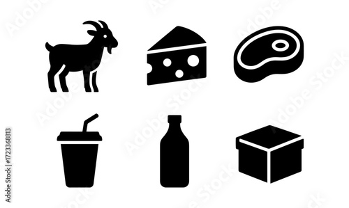 Minimalist food icons featuring goat, cheese, steak, drink, bottle, and box for universal design use