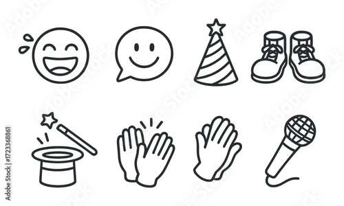 Set of eight simple party and celebration icons on dark background