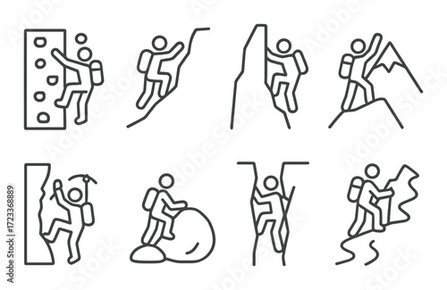 Illustrative icons of various climbers on outdoor adventures