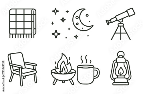 Cozy night symbols including blanket, stars, moon, telescope, chair, campfire, mug, lantern