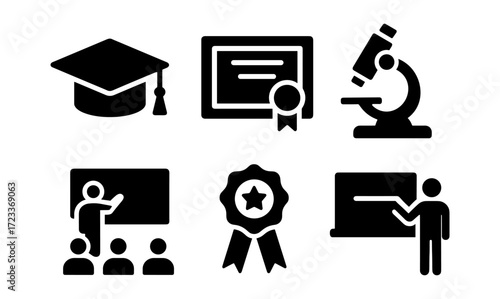 Educational icons set with graduation cap, diploma, microscope, classroom, and award medal for academic design