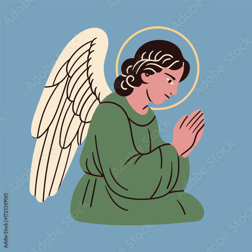 Angel in green robe. Praying angel, Saint, creature with wings, halo. Hand drawn Vector illustration. Isolated design element. Print, logo, card template