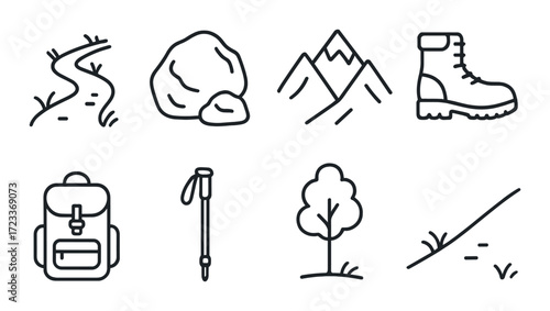 Outdoor adventure icons set featuring hiking gear and nature symbols