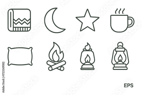 Camping icon set: blanket, moon, star, mug, pillow, campfire, lantern on green background