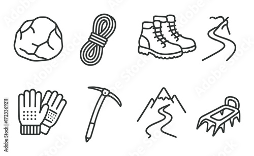 Mountaineering gear icons: boots, rope, ice axe, helmet, crampons