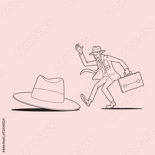 Cartoon man in suit and hat running away from a large hat briefcase