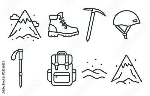 Mountain climbing gear icons: boots, helmet, ice axe, backpack, hiking poles, mountains