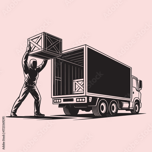 Silhouette of a person loading a wooden crate into a delivery truck cargo truck logistics