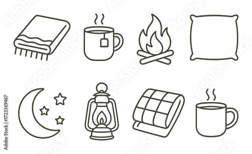 Cozy icons of blanket, tea, campfire, pillow, moon, stars, lantern, quilt, mug