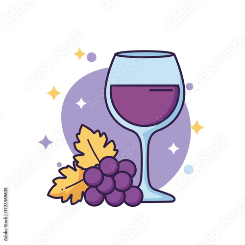 Glass of red wine with grapes and leaf, winery beverage and vineyard harvest symbol