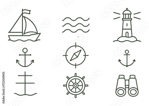 Nautical icons set with sailboat, lighthouse, anchor, compass, wheel, and binoculars