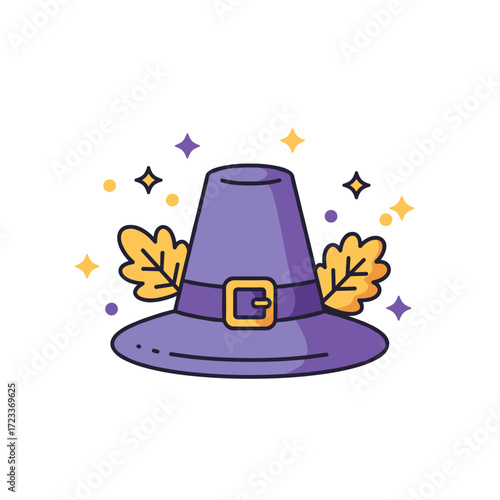 Purple witch hat with buckle and autumn leaves, Halloween costume accessory and fall season decoration