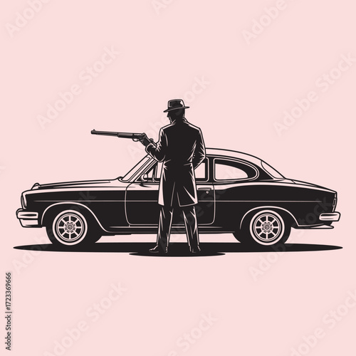 Silhouette of a man in a fedora and trench coat holding a rifle standing next to a vintage car vector
