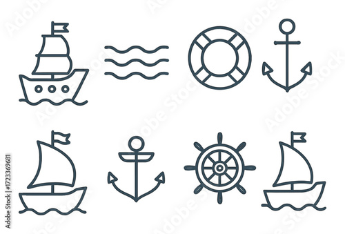 Nautical icons featuring ships, anchors, lifebuoy, waves, and ship wheel