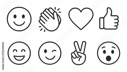 Set of eight emojis on gradient background: smile, clap, heart, thumbs up, wink, victory, shocked