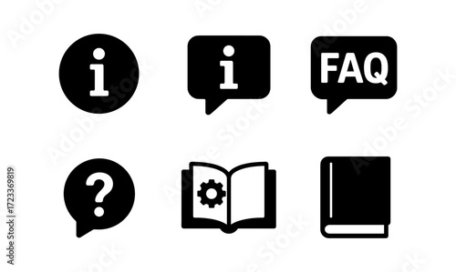 Essential information icons set for digital and print use - faq, question mark, book, and bubble designs
