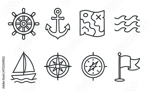 Nautical symbols: wheel, anchor, map, waves, sailboat, compass, flag icons