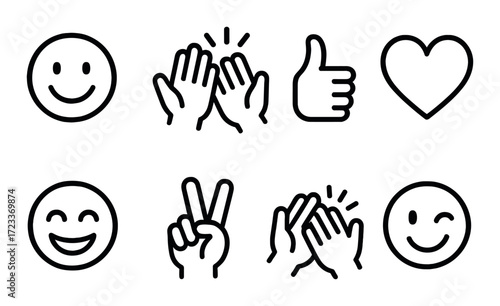 Dark theme emoji set: smiley, high five, thumbs up, heart, victory sign