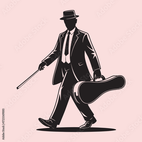 Silhouette of a man in a suit and hat carrying a violin case and bow vector