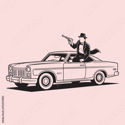 Man in suit and hat holding gun leaning out of vintage car window pistol