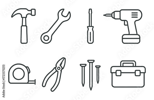 Outline of common hand tools: hammer, wrench, screwdriver, drill, tape measure, pliers, nails, tool box