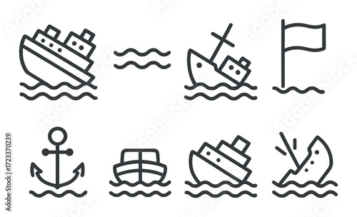 Minimalistic nautical icons set with ships, anchor, and flag