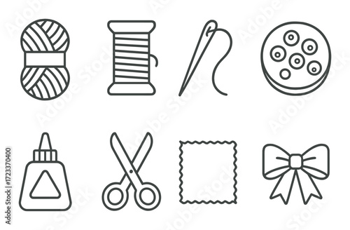 Sewing tools icons set with yarn, needle, thread, buttons, scissors, glue, fabric, and bow