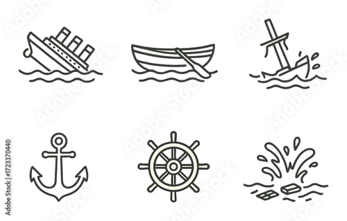 Nautical icons: sinking ship, lifeboat, anchor, ship wheel, splashing water
