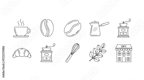 Collection of hand drawn coffee shop and baking icons in a charming silhouette style