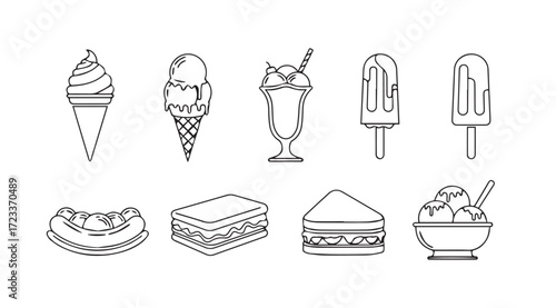 Collection of sweet treats and refreshing desserts in a simple silhouette style