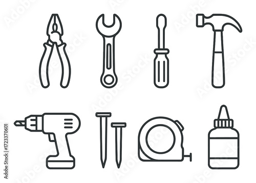 Outline of essential hand tools: pliers, wrench, screwdriver, hammer, drill, nails, tape measure, glue