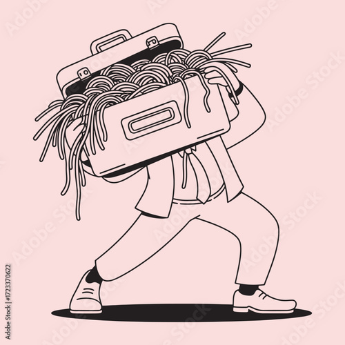 Stylized illustration of a person in a suit carrying a briefcase overflowing with spaghetti noodles business