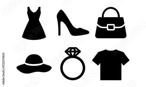 Fashion icon set: simple silhouettes for modern design - dresses, accessories, shoes, rings, and bags graphics